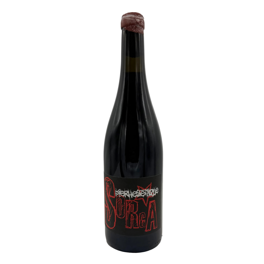 La Sorga Fier Hérétique 2023, a French natural red wine from Languedoc with a signature artistic punk-style label.
