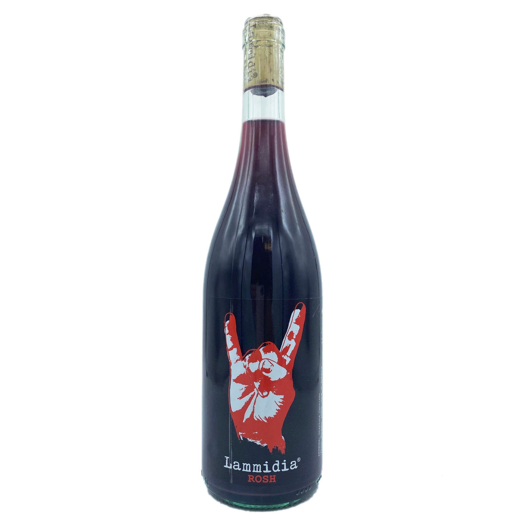 Wine bottle with a red label featuring a rock sign hand gesture on a white background